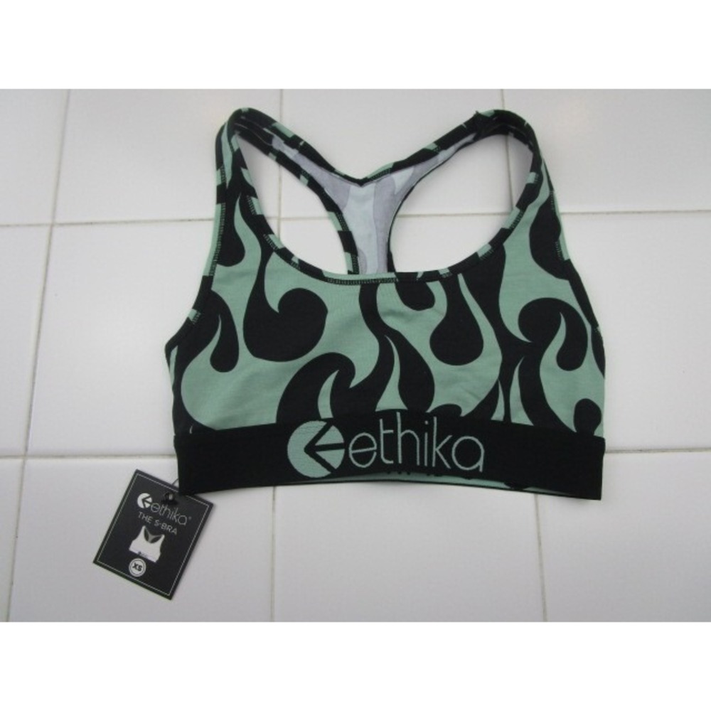 Ethika S-Bra Blazen Green Flames Women's Size XS Sports Bra Low Impact Black